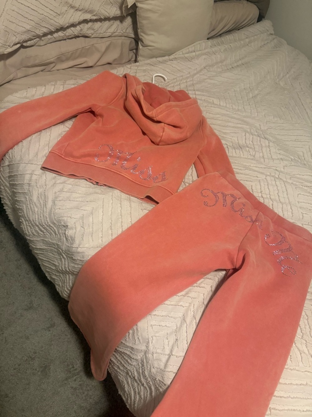 Miss Me Coral Velour Rhinestone Logo Hoodie & Pants Set